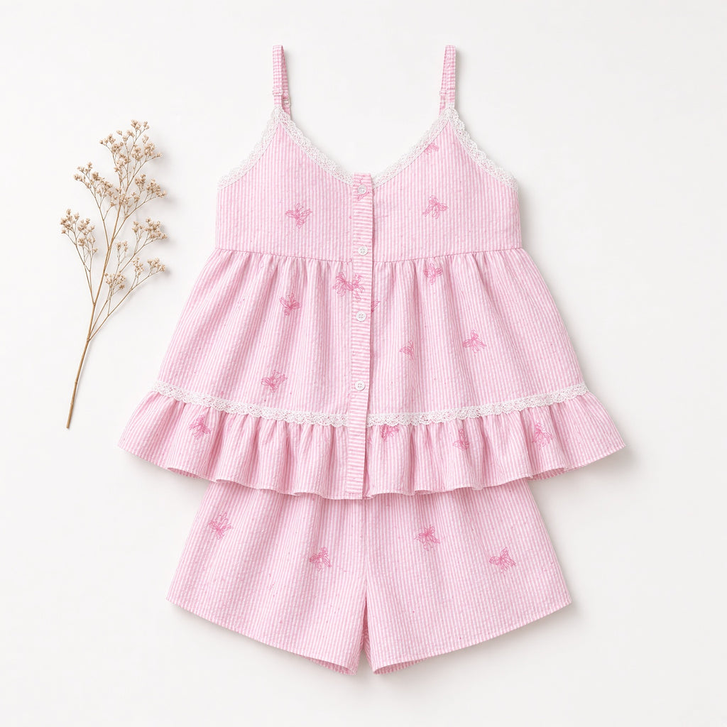 Sweet Ruffle Pajama Set -  Pink Butterfly