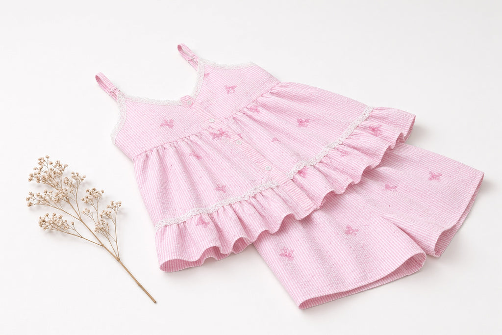Sweet Ruffle Pajama Set -  Pink Butterfly