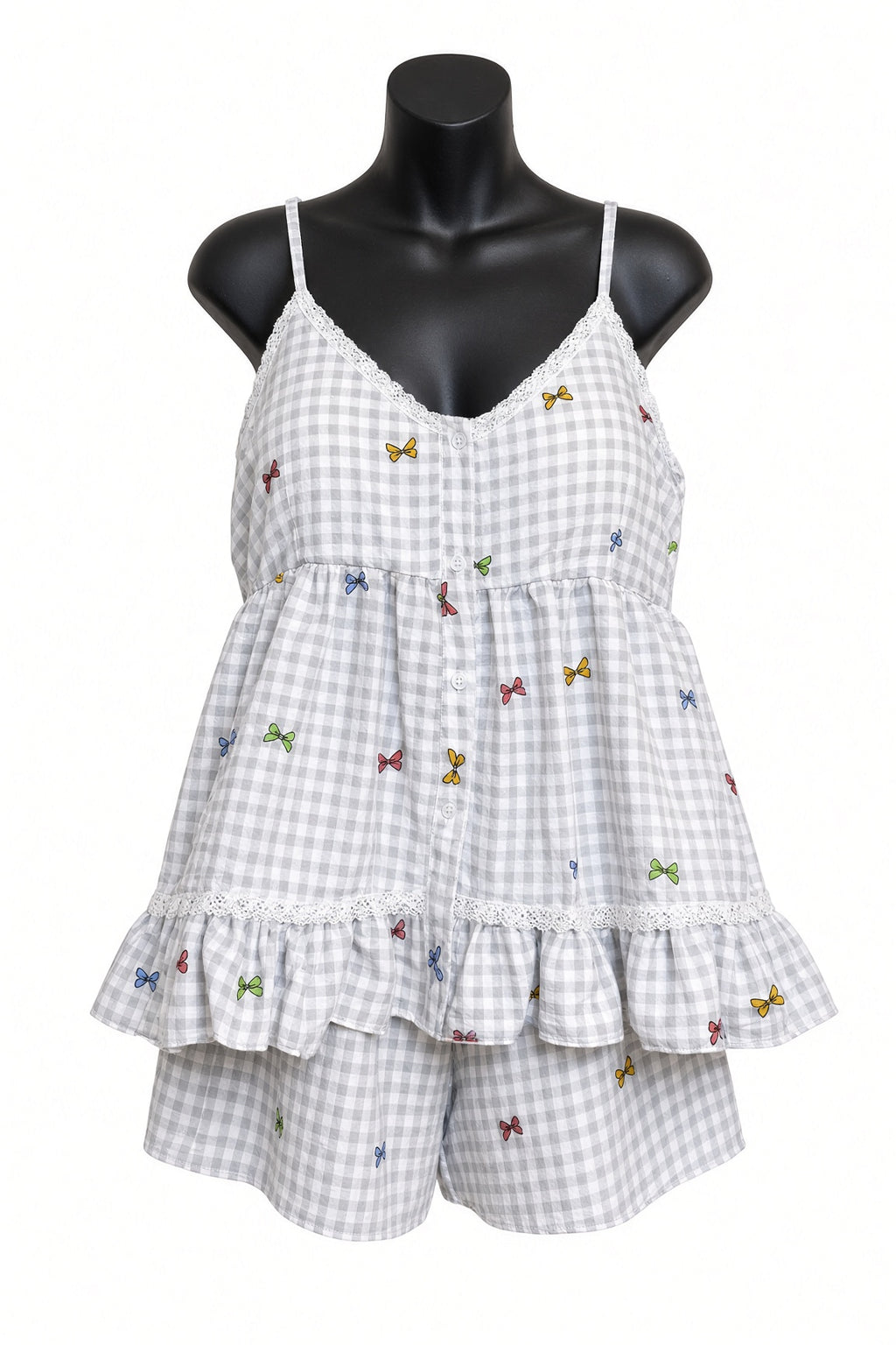 Sweet Ruffle Pajama Set - Gray Gingham Bows