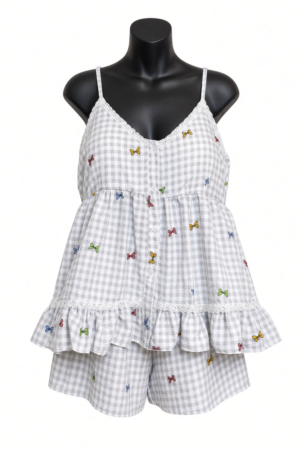 Sweet Ruffle Pajama Set - Gray Gingham Bows