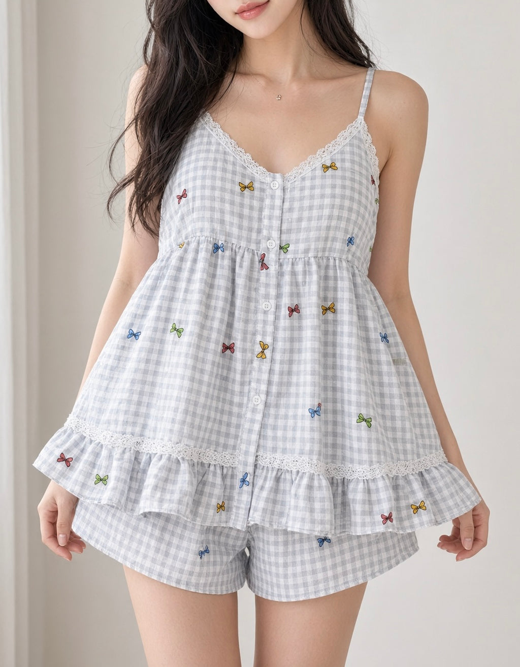 Sweet Ruffle Pajama Set - Gray Gingham Bows