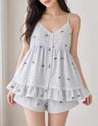 Sweet Ruffle Pajama Set - Gray Gingham Bows