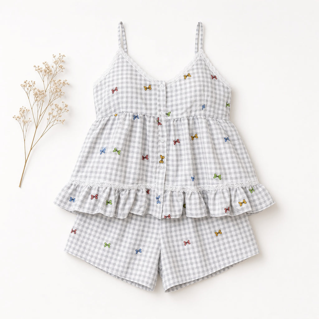 Sweet Ruffle Pajama Set - Gray Gingham Bows