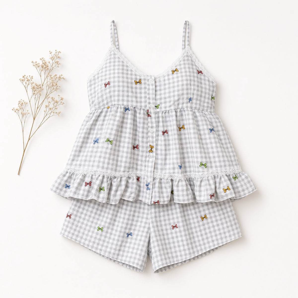 Sweet Ruffle Pajama Set - Gray Gingham Bows