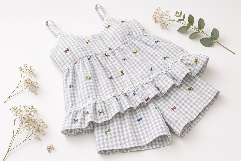 Sweet Ruffle Pajama Set - Gray Gingham Bows
