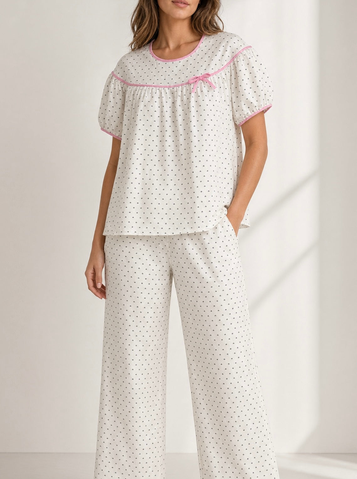 Heart Dot Pajama Set - Cream