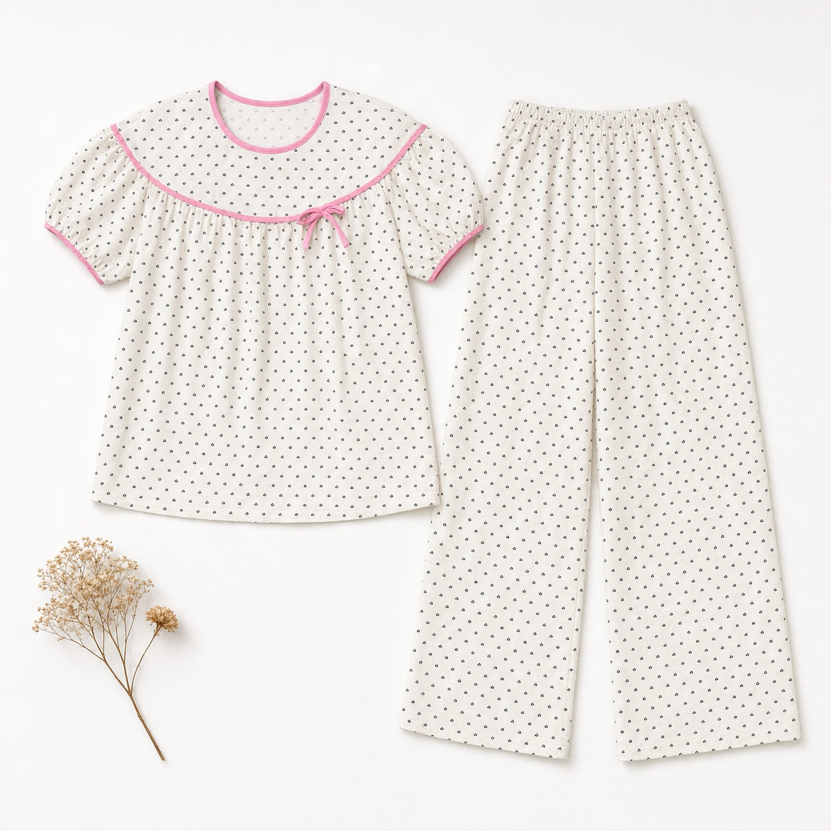 Heart Dot Pajama Set - Cream