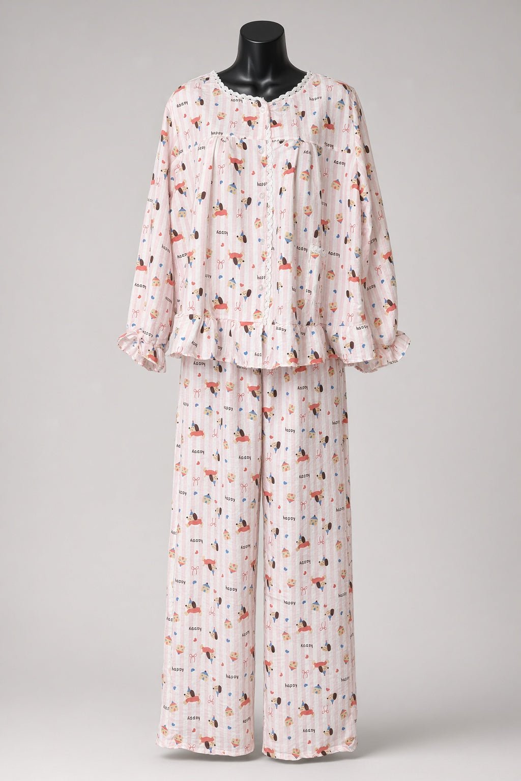 Lace Button Pajama Set — Pink Happy Dog
