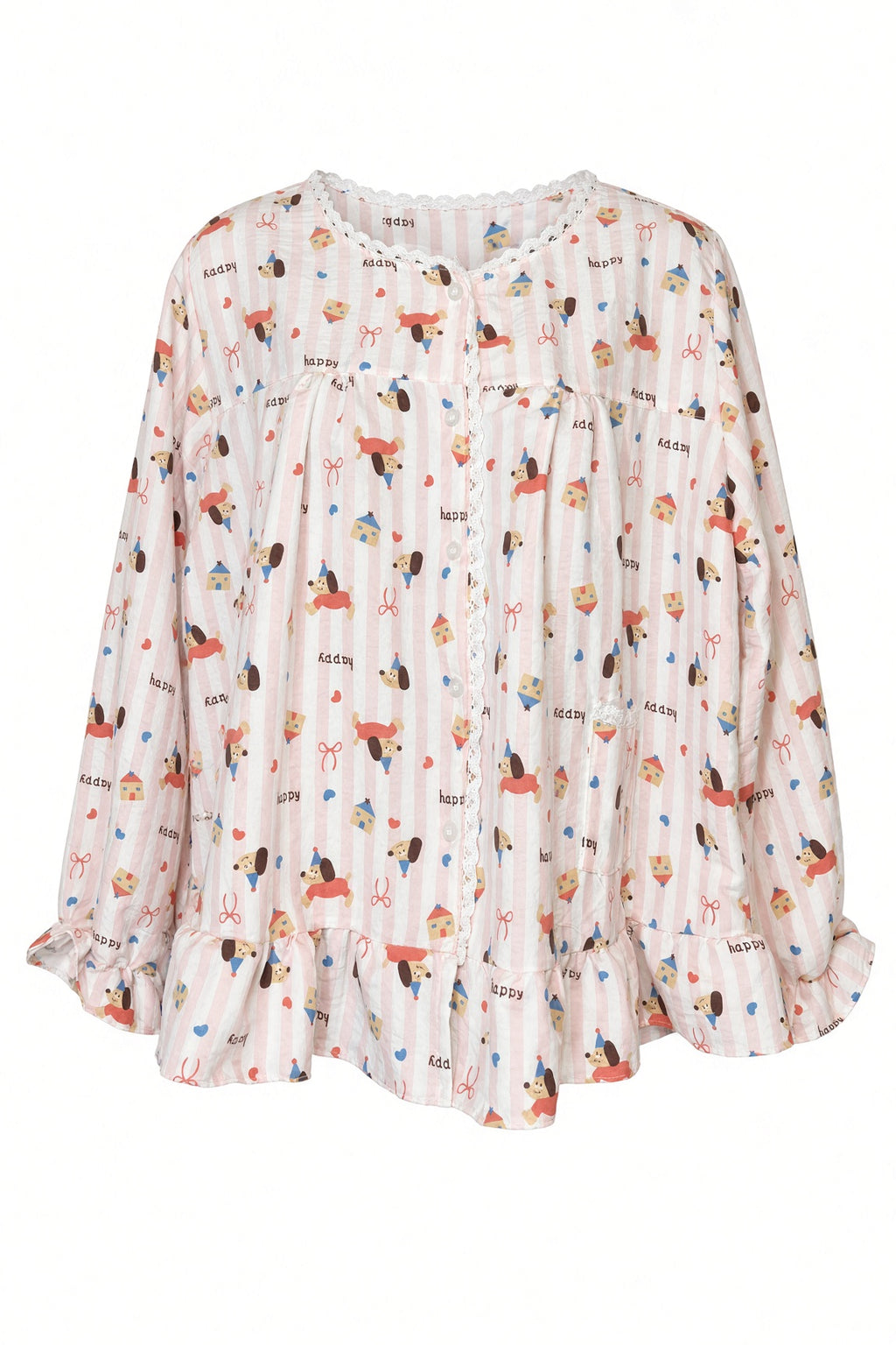 Lace Button Pajama Set — Pink Happy Dog