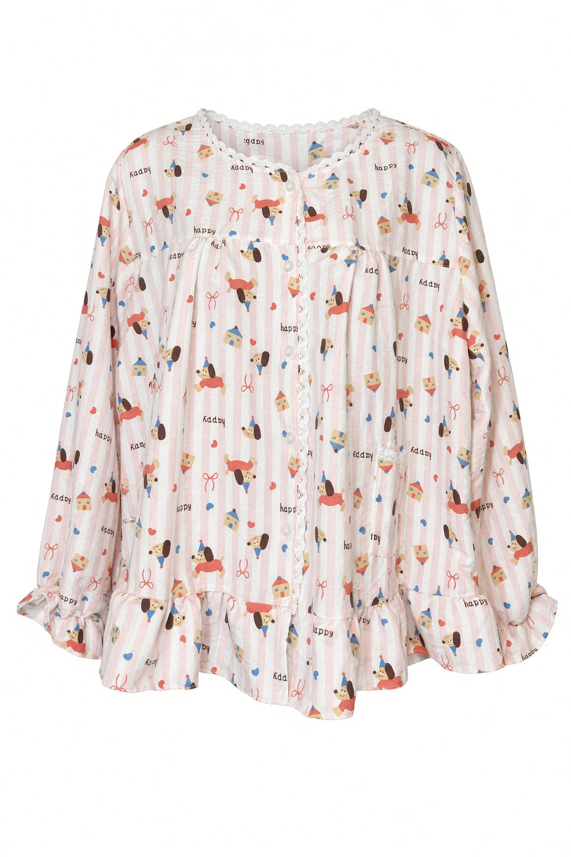 Lace Button Pajama Set — Pink Happy Dog