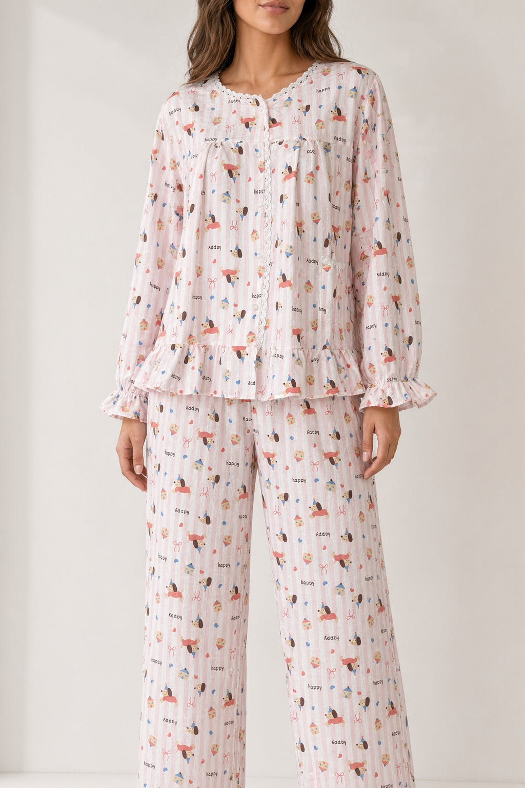 Lace Button Pajama Set — Pink Happy Dog