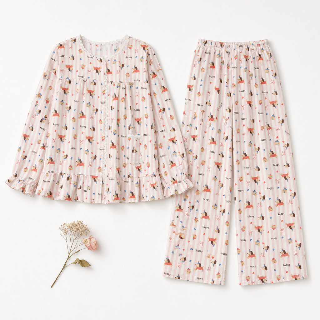 Lace Button Pajama Set — Pink Happy Dog