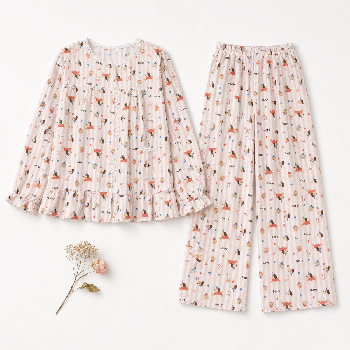 Lace Button Pajama Set — Pink Happy Dog