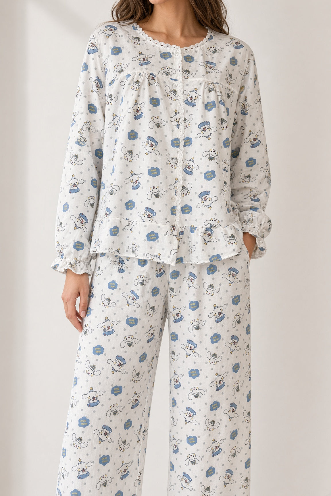 Lace Button Pajama Set — White Hello Baby
