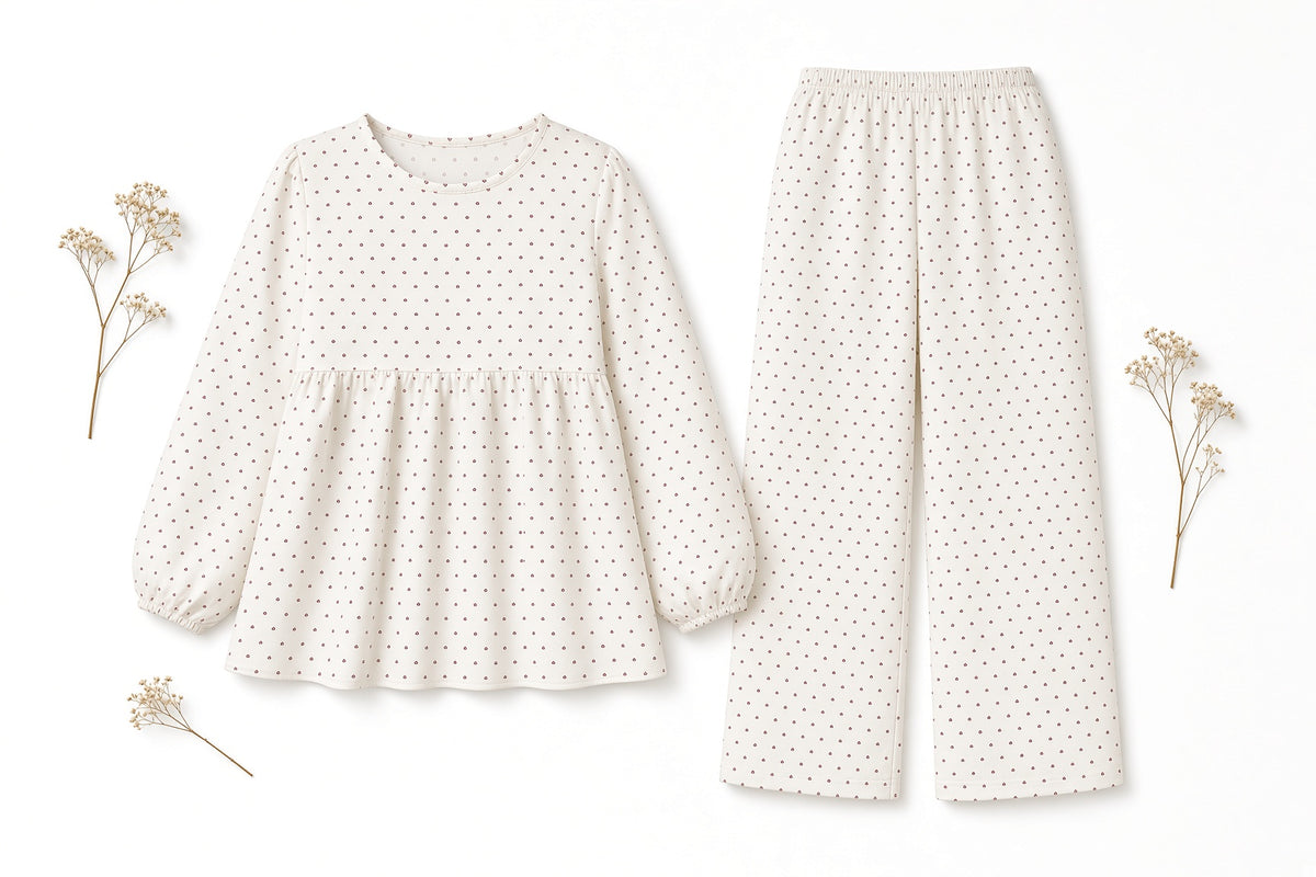 Heart Peplum Pajama Set — White Tiny Hearts