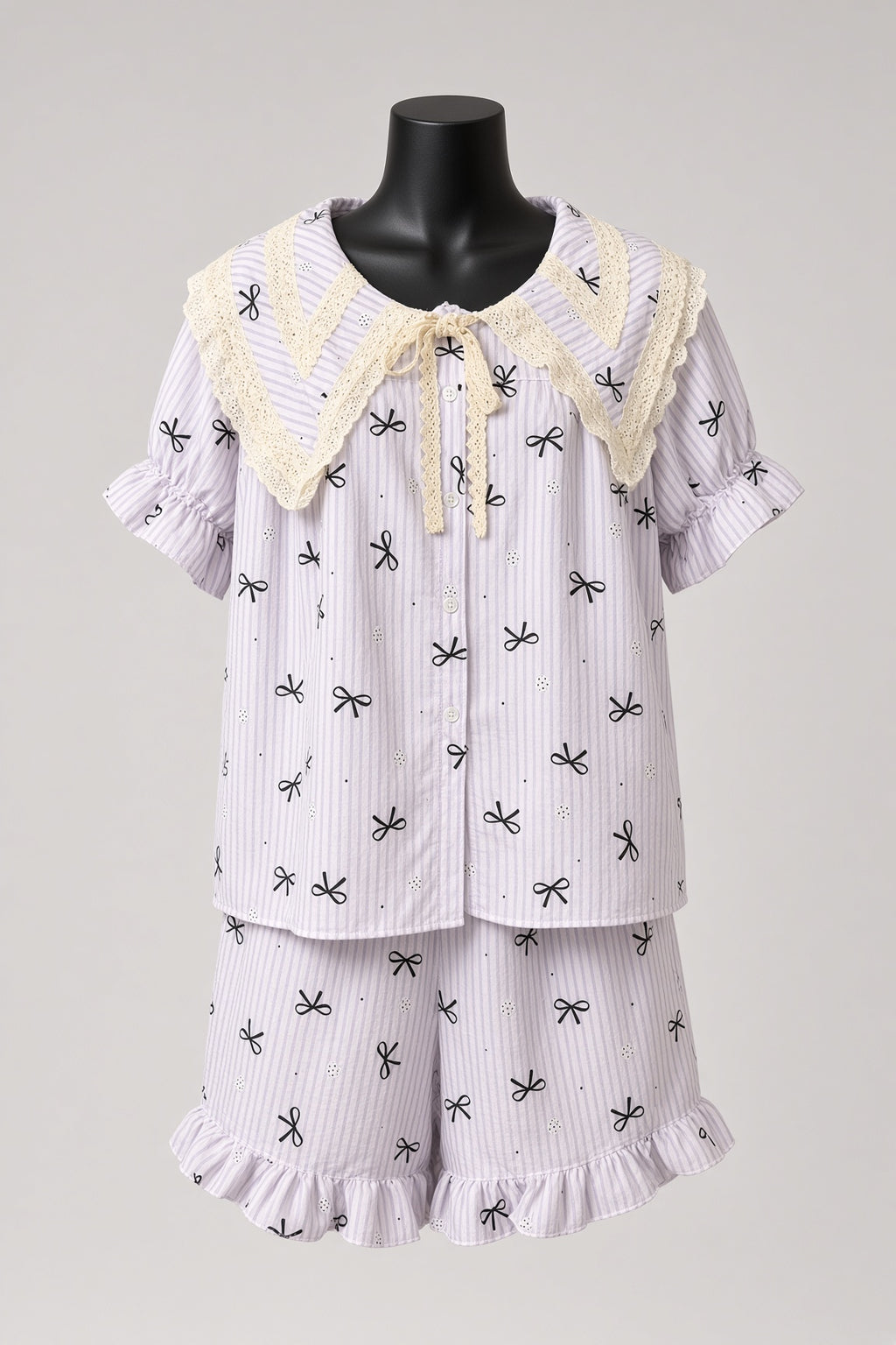 Ribbon Stripe Pajama Set - Purple Stripes with Black Bows