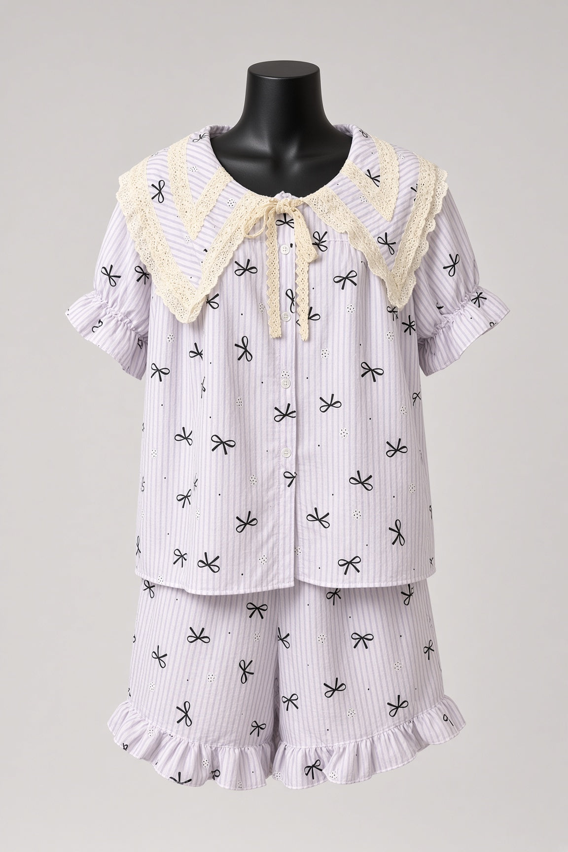 Ribbon Stripe Pajama Set - Purple Stripes with Black Bows