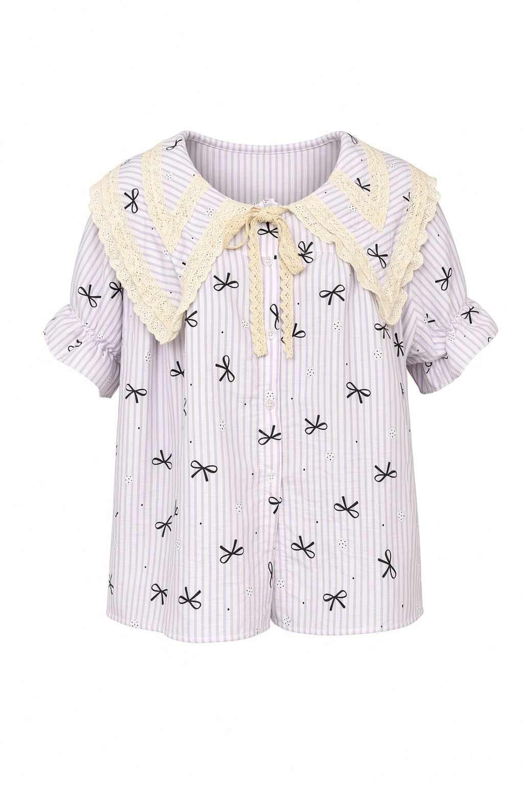 Ribbon Stripe Pajama Set - Purple Stripes with Black Bows