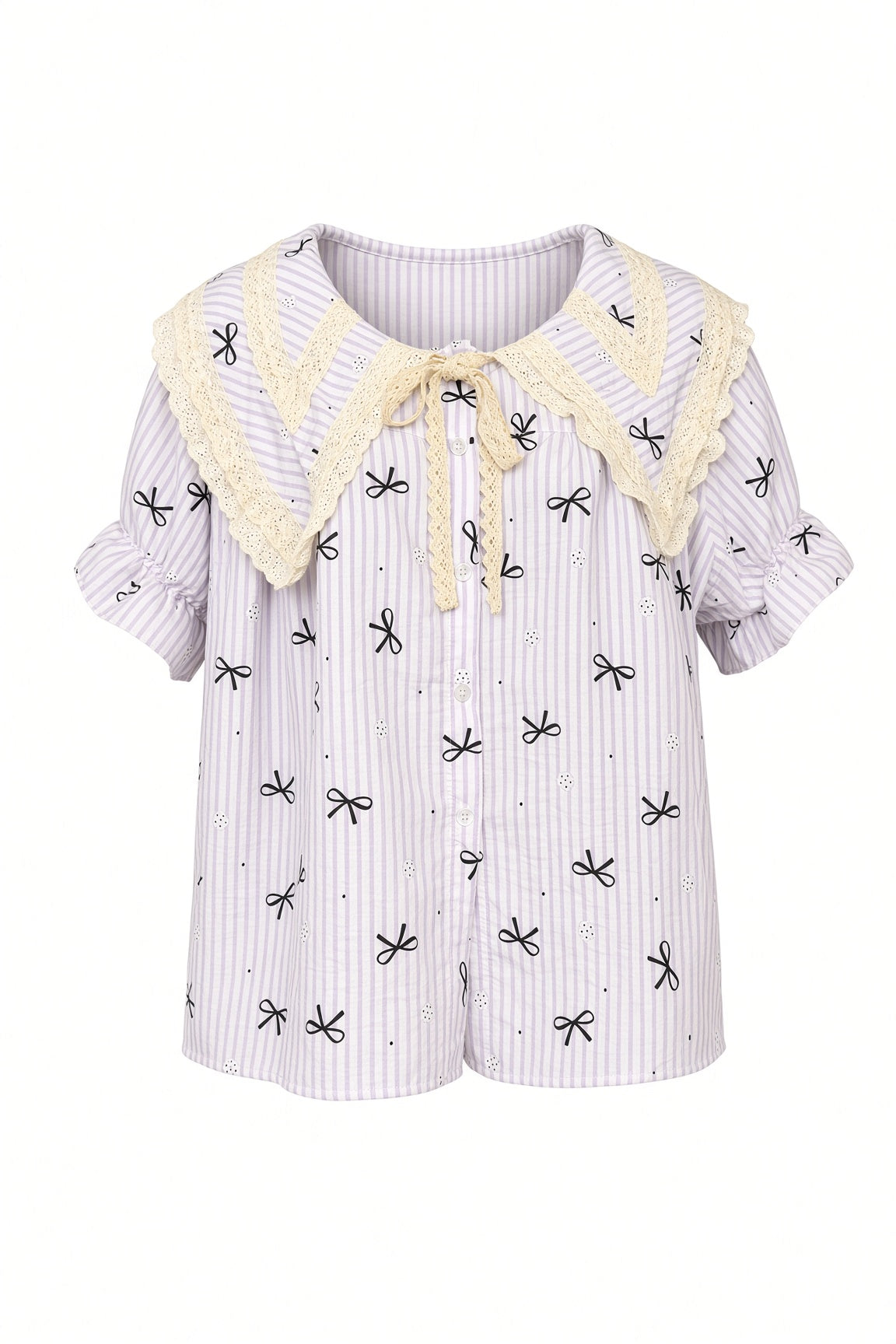 Ribbon Stripe Pajama Set - Purple Stripes with Black Bows
