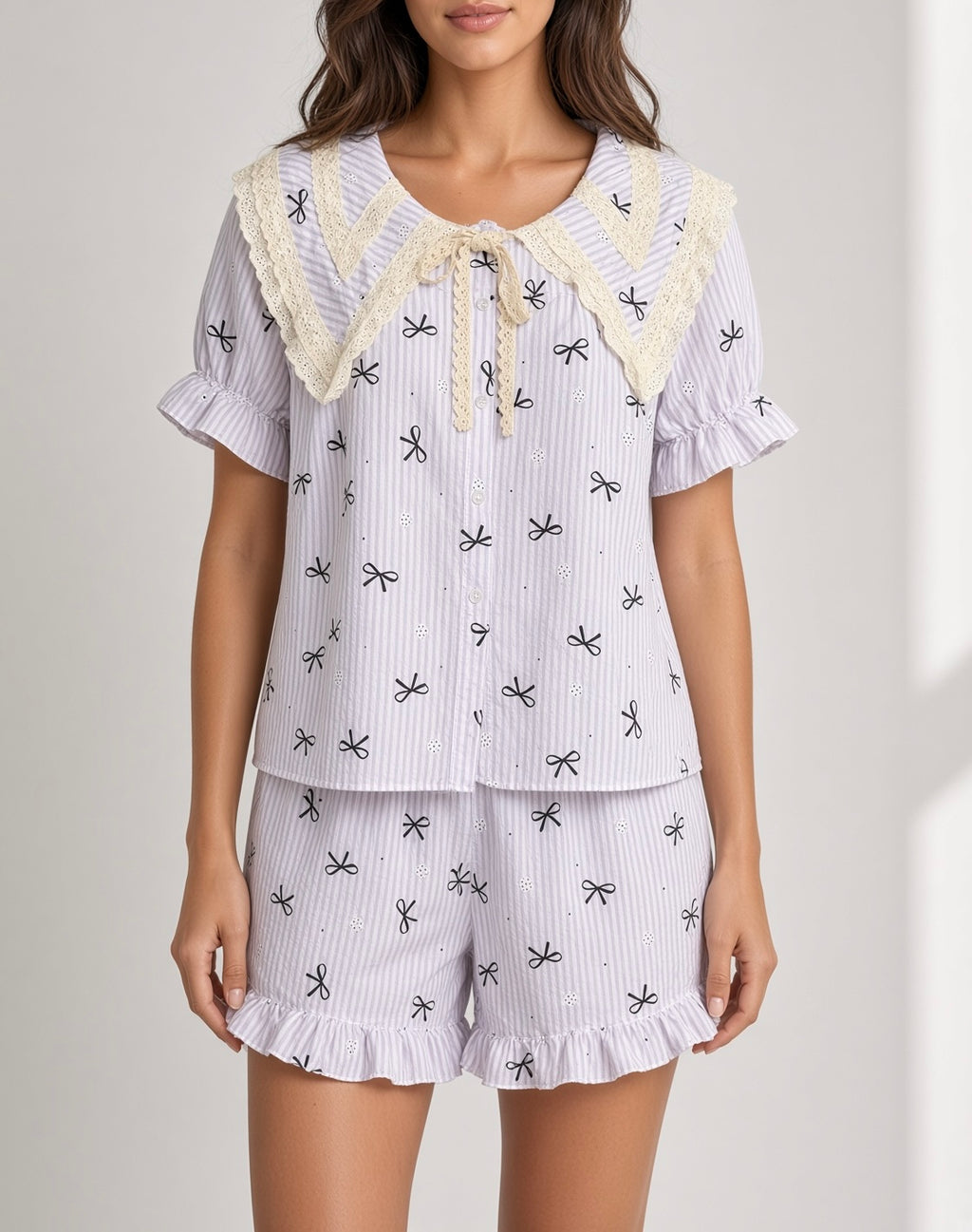 Ribbon Stripe Pajama Set - Purple Stripes with Black Bows