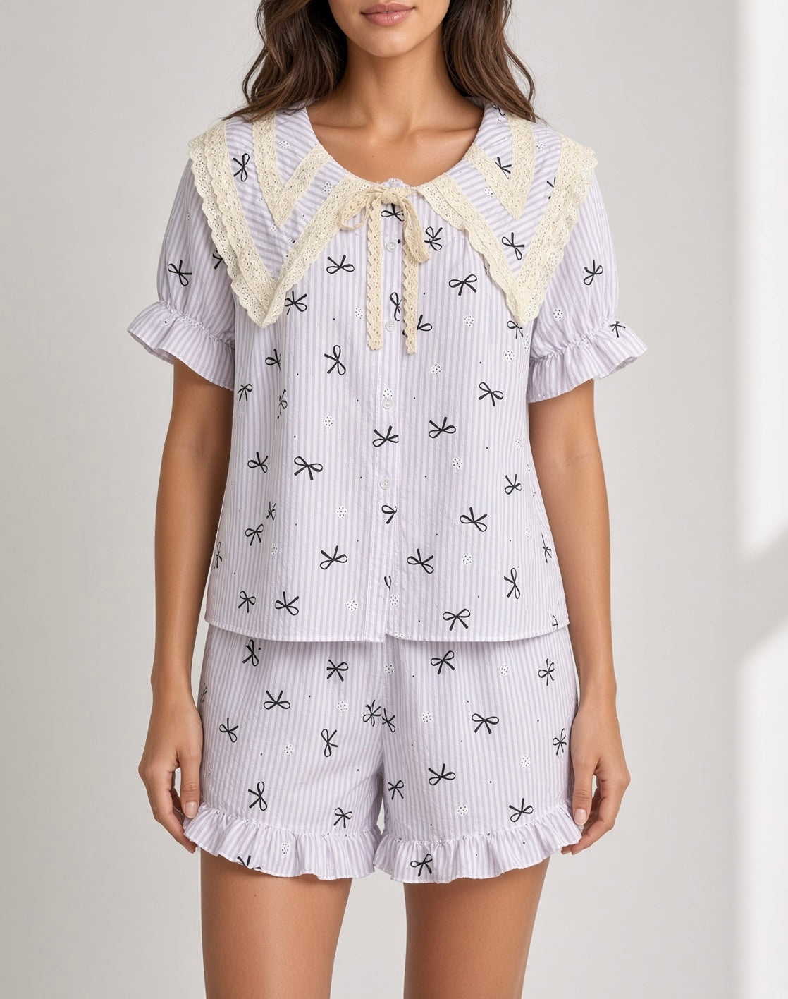 Ribbon Stripe Pajama Set - Purple Stripes with Black Bows