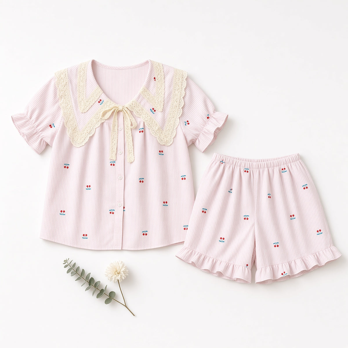Ribbon Stripe Pajama Set - Pink Stripes with Cherry Embroidery