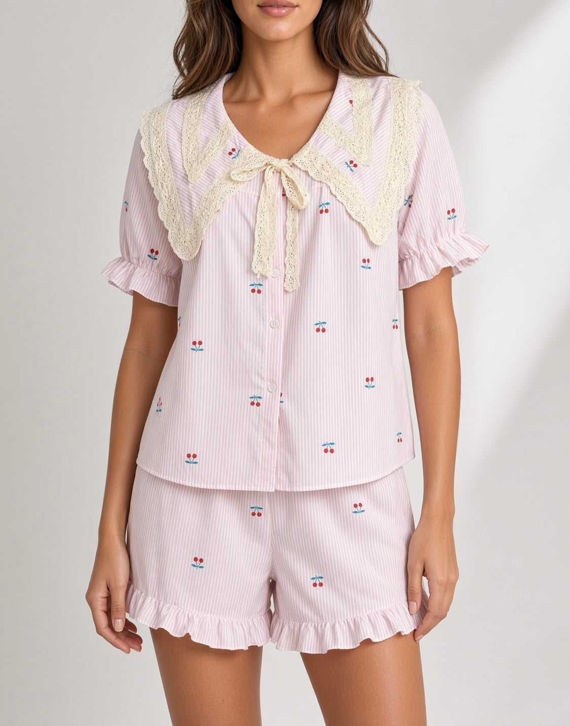 Ribbon Stripe Pajama Set - Pink Stripes with Cherry Embroidery