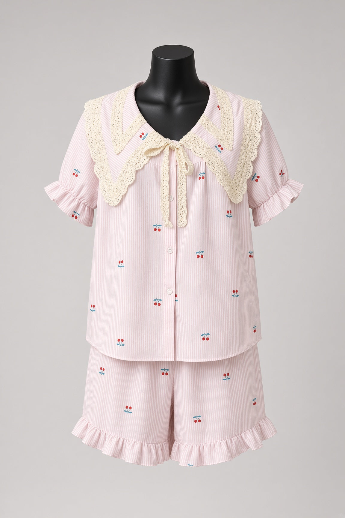 Ribbon Stripe Pajama Set - Pink Stripes with Cherry Embroidery